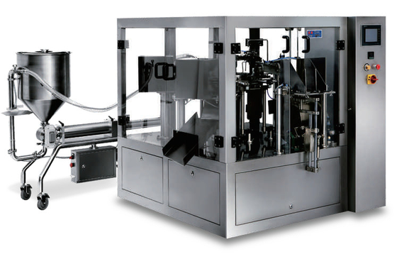 La máquina de rellenar líquida vertical de gran viscosidad de la cremallera de Doypack preparada de antemano se levanta