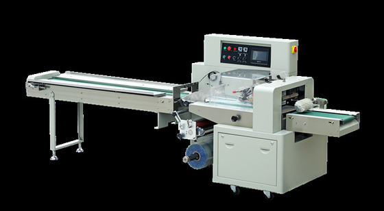 Película de tracción horizontal automática rotatoria de las galletas 250m m de la empaquetadora del flujo hacia abajo